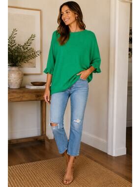 Italian Made Green Soft Cozy Knit Dolman Sleeve Ruffle Pullover Sweater